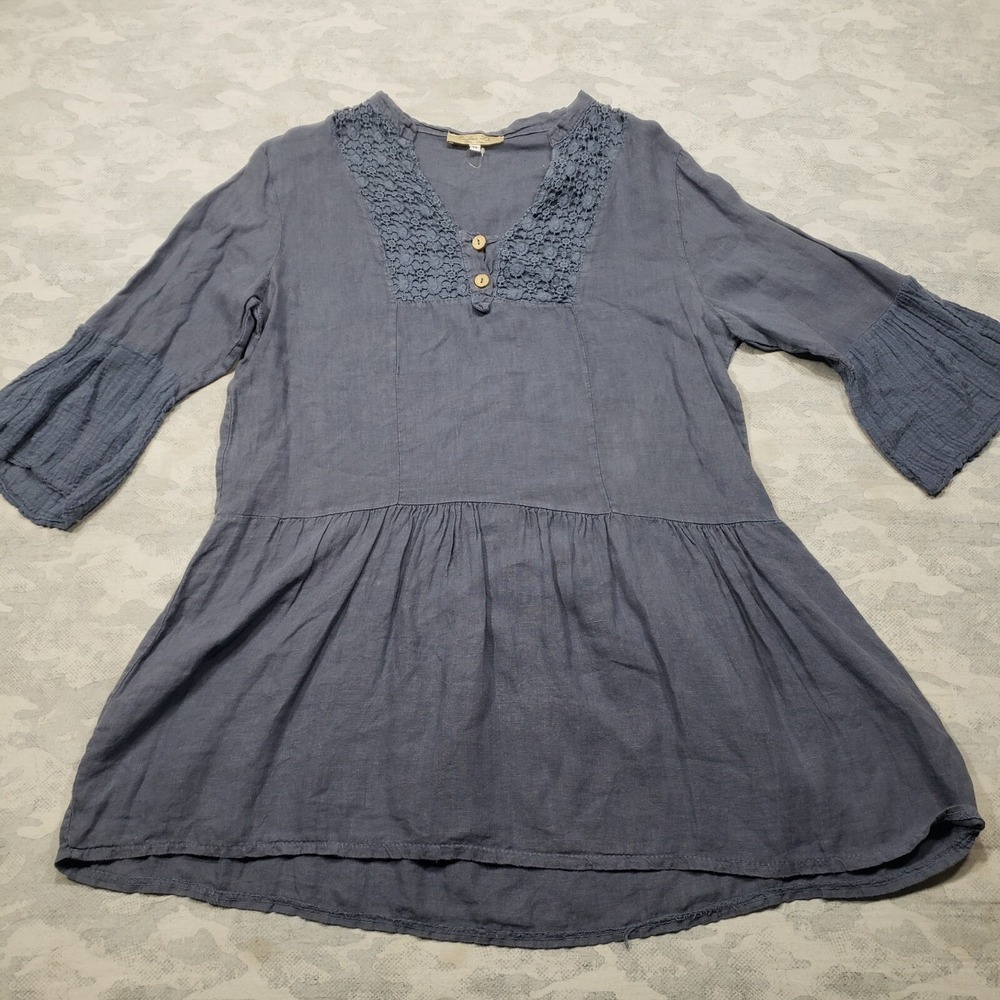 Couleur Lin Top Womens 46 Blue Half Bell Sleeve Pesant